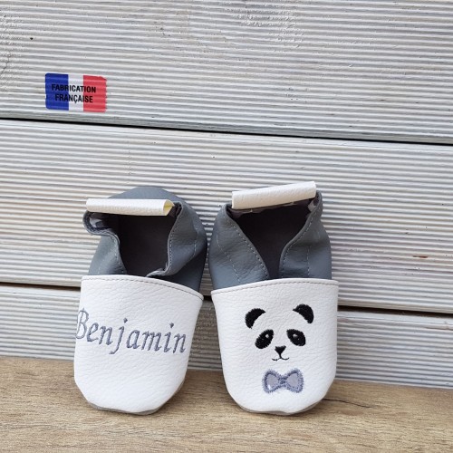 Chaussons souples panda, brodé, fabrication française, prénom du 17 au 24