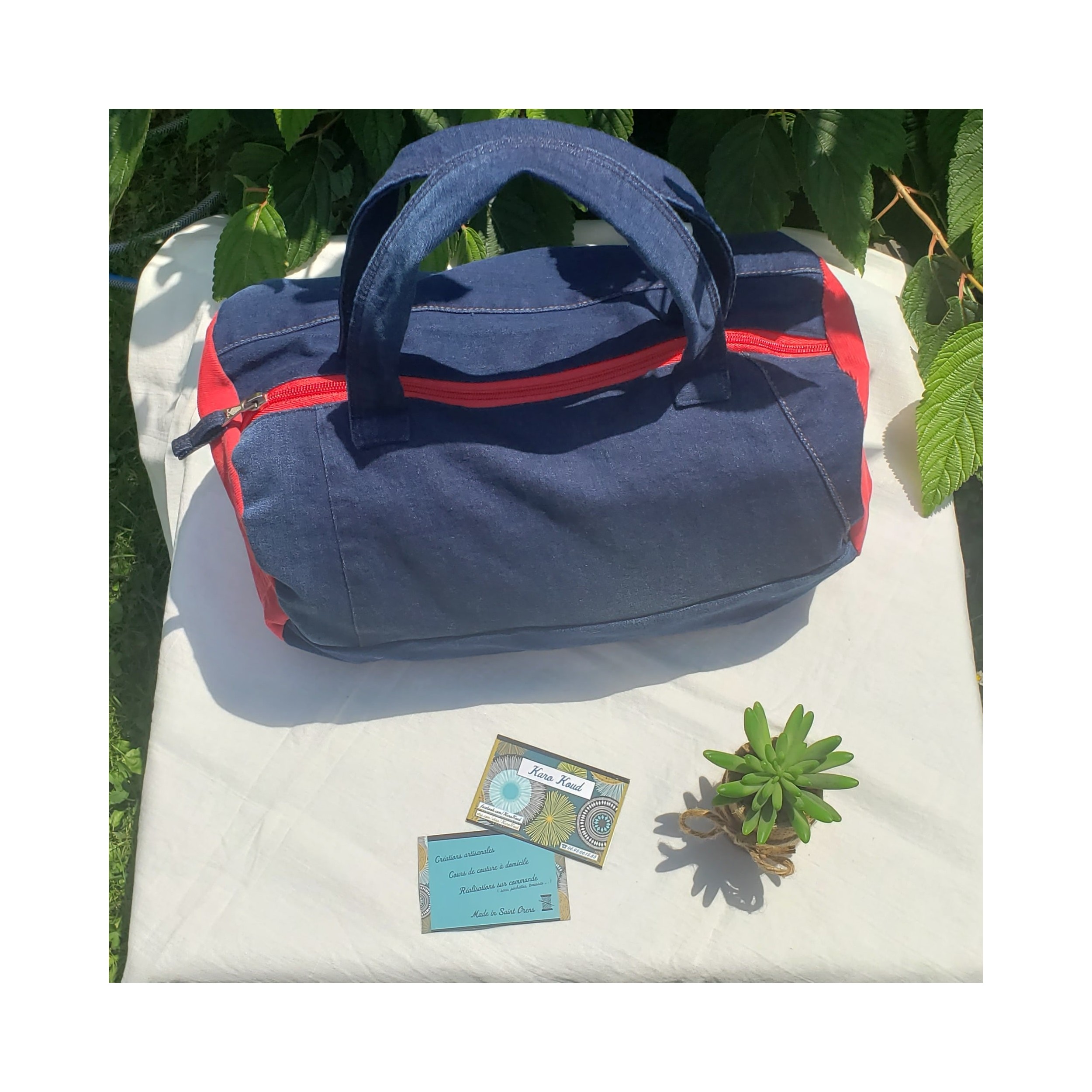 Sac bowling éco-conçu en jean et velours, doublure jersey avec poche intérieure