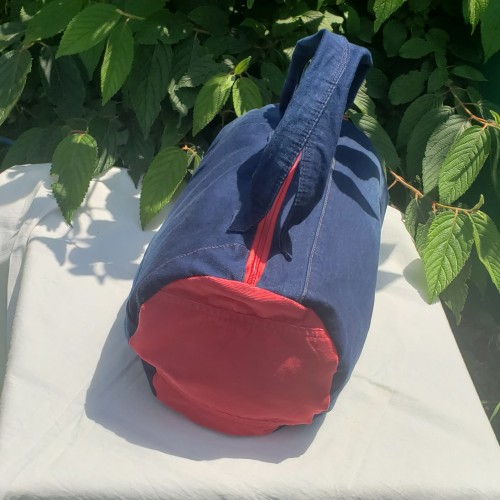 Sac bowling éco-conçu en jean et velours, doublure jersey avec poche intérieure