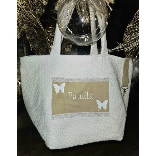 Sac à main grande taille coton blanc et beige personnalisable