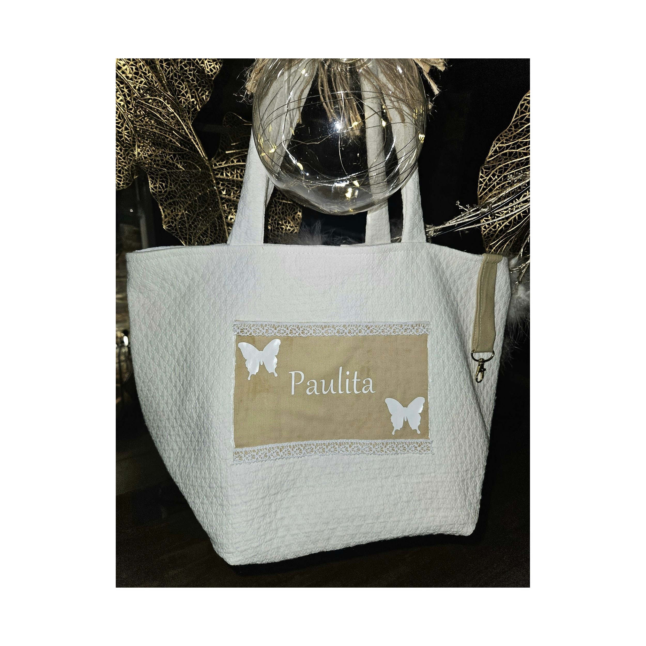 Sac à main grande taille coton blanc et beige personnalisable