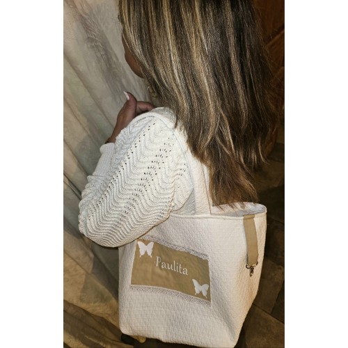 Sac à main grande taille coton blanc et beige personnalisable