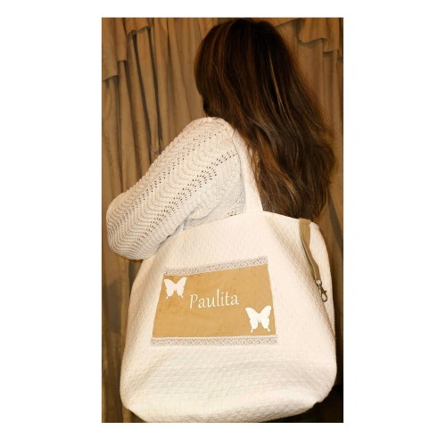 Sac à main grande taille coton blanc et beige personnalisable