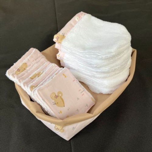 Panier de change pour bébé avec 10 lingettes et 8 mini-gants en fibre de bambous - motifs variés