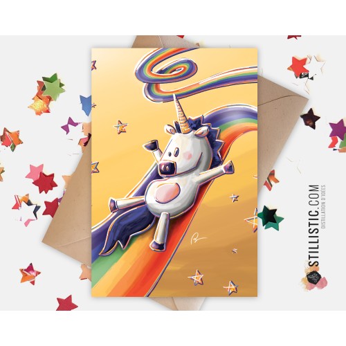 Carte de voeux Illustration Licorne toboggan arc-en-ciel