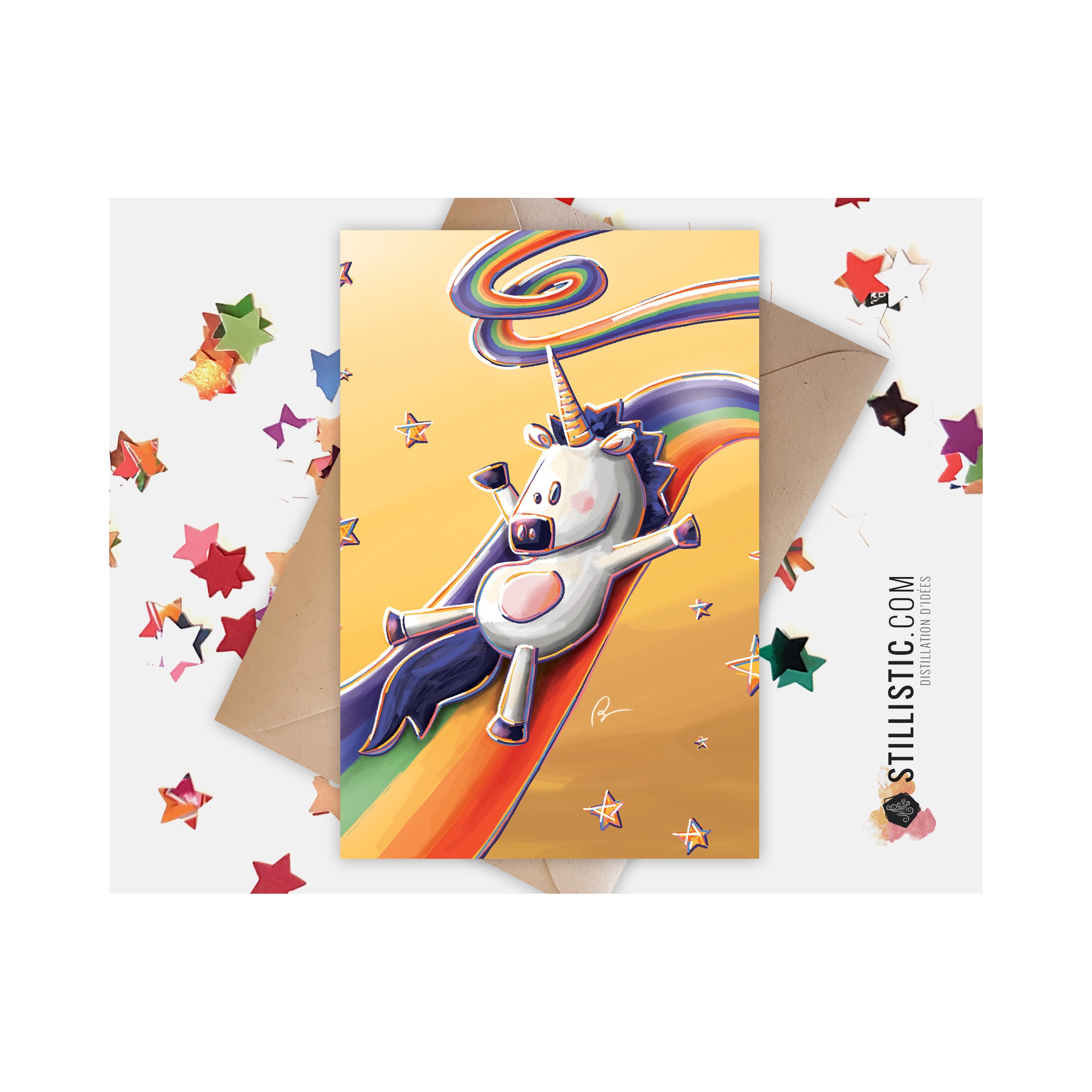 Carte de voeux Illustration Licorne toboggan arc-en-ciel