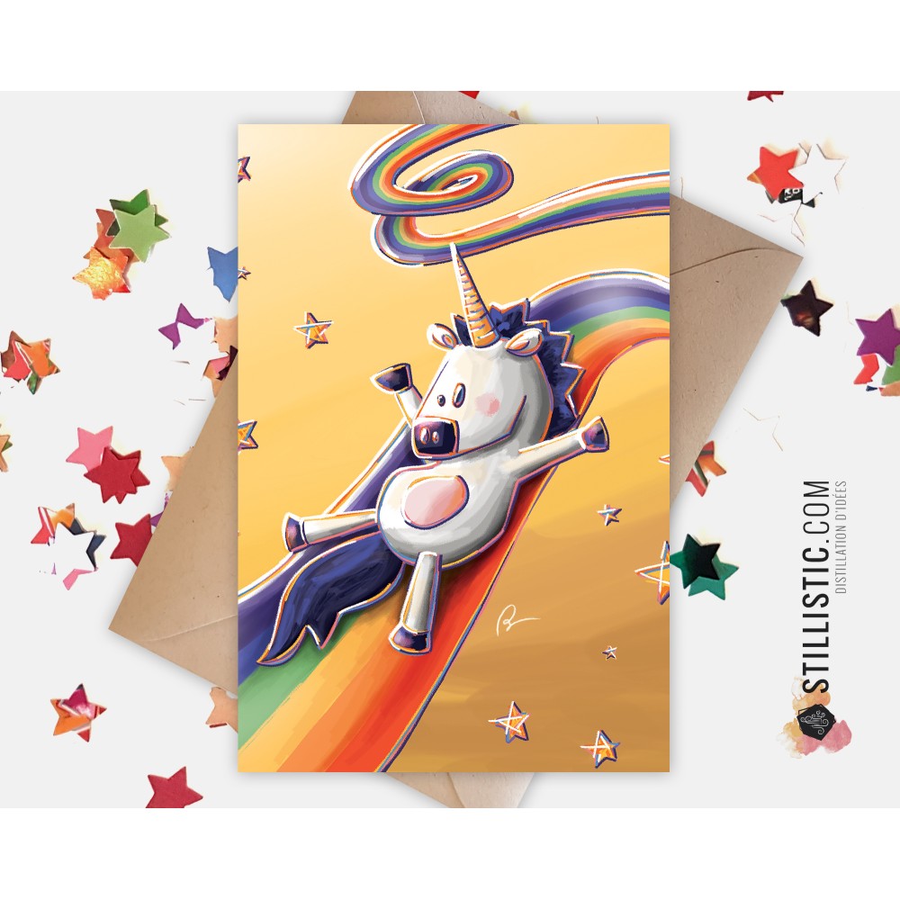 Carte de voeux Illustration Licorne toboggan arc-en-ciel