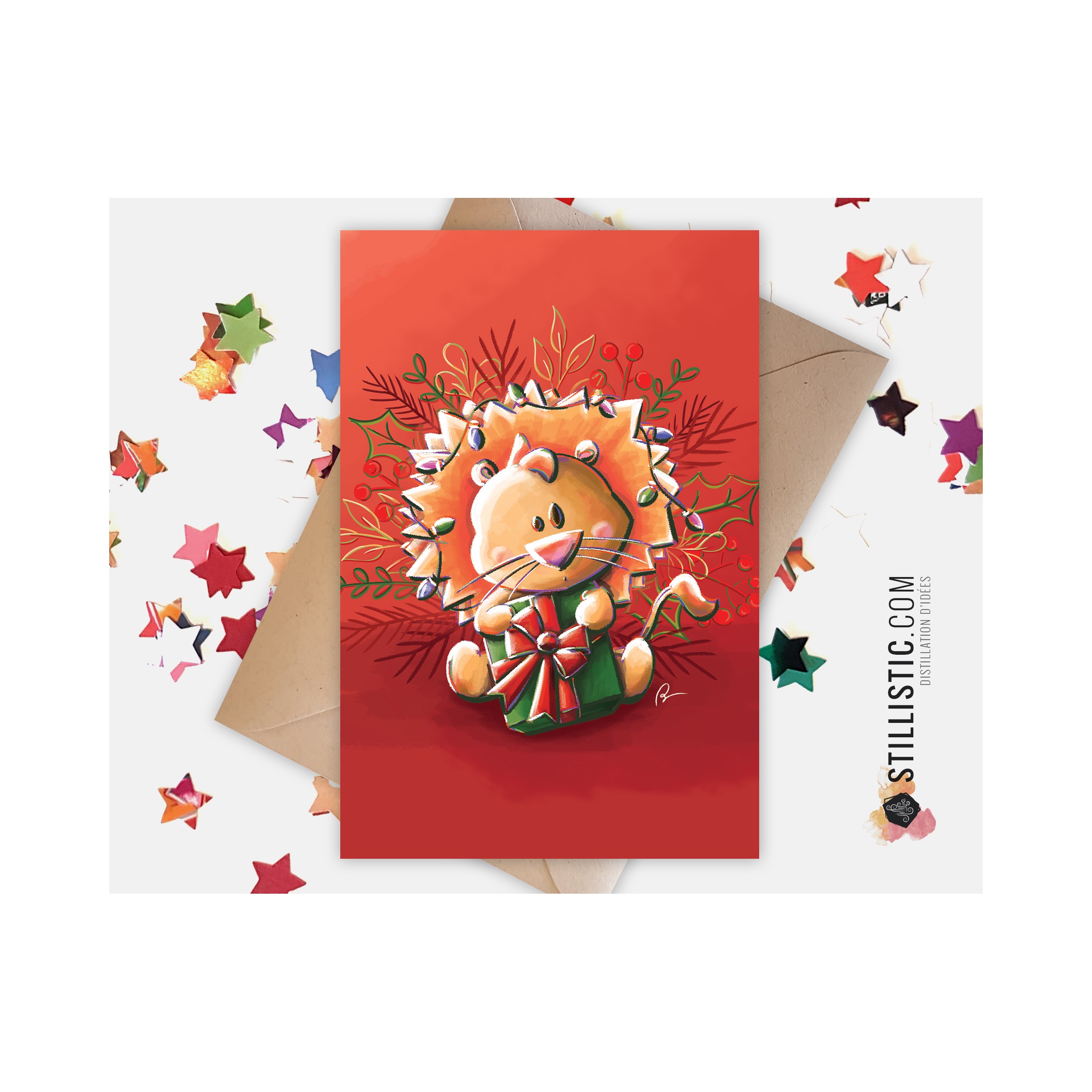 Carte de voeux Illustration Lion et guirlandes Noël