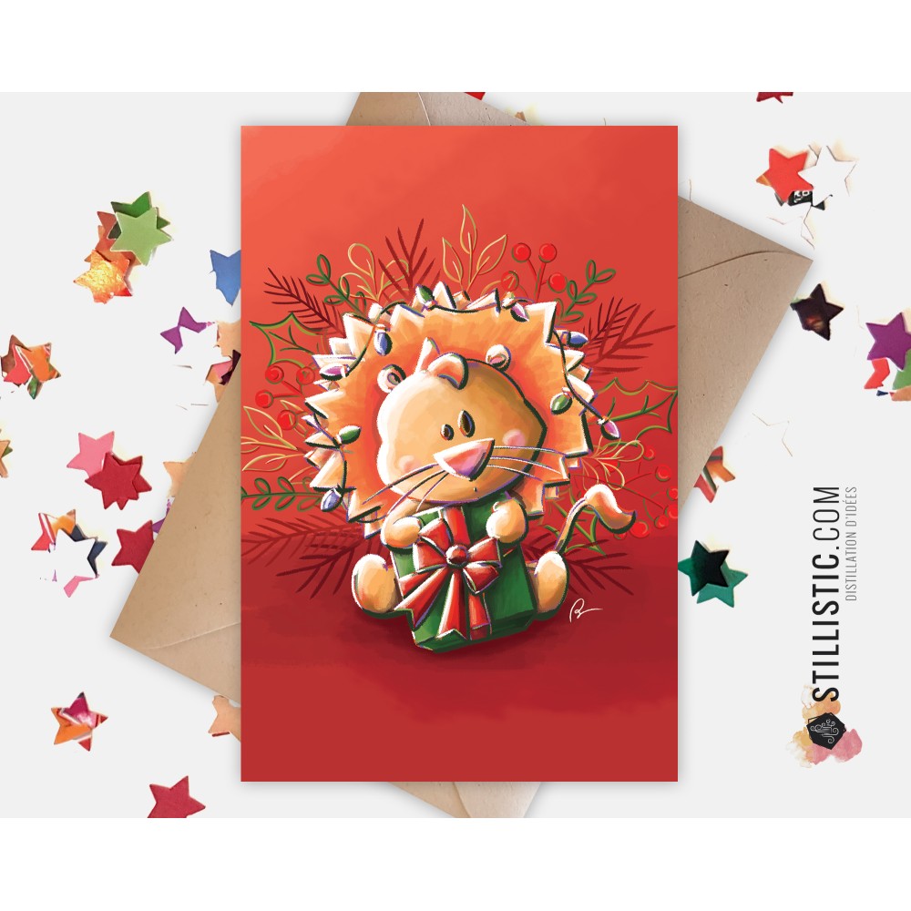 Carte de voeux Illustration Lion et guirlandes Noël