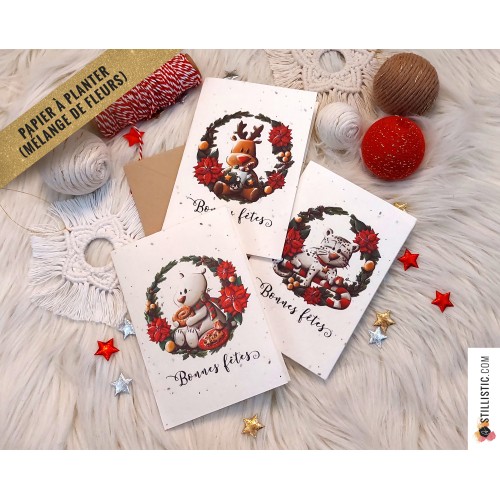 Carte de voeux Noël ensemencée Illustration Panthère + enveloppe