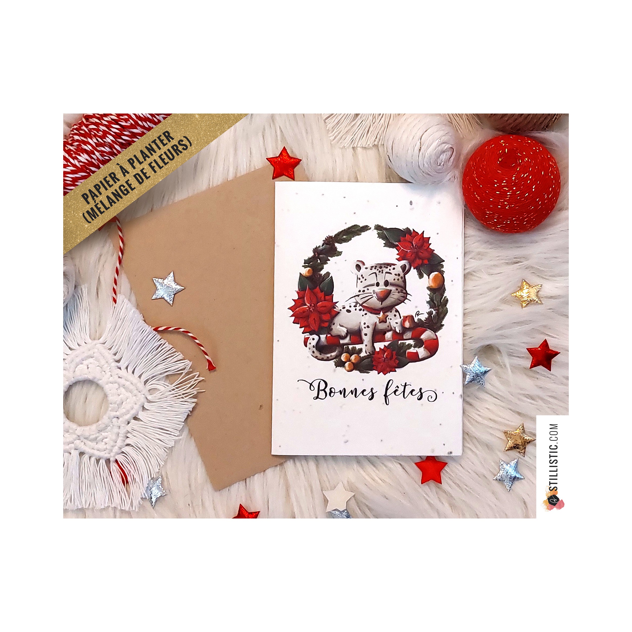 Carte de voeux Noël ensemencée Illustration Panthère + enveloppe