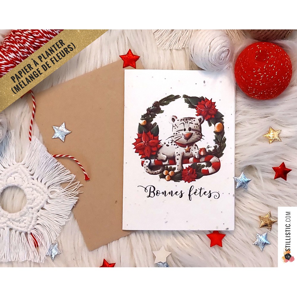 Carte de voeux Noël ensemencée Illustration Panthère + enveloppe