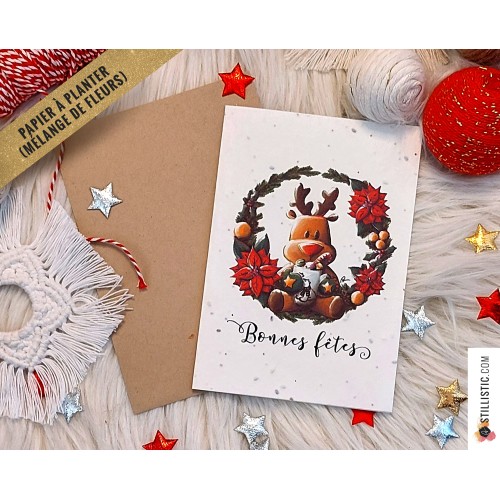 Carte de voeux Noël ensemencée Illustration Renne + enveloppe