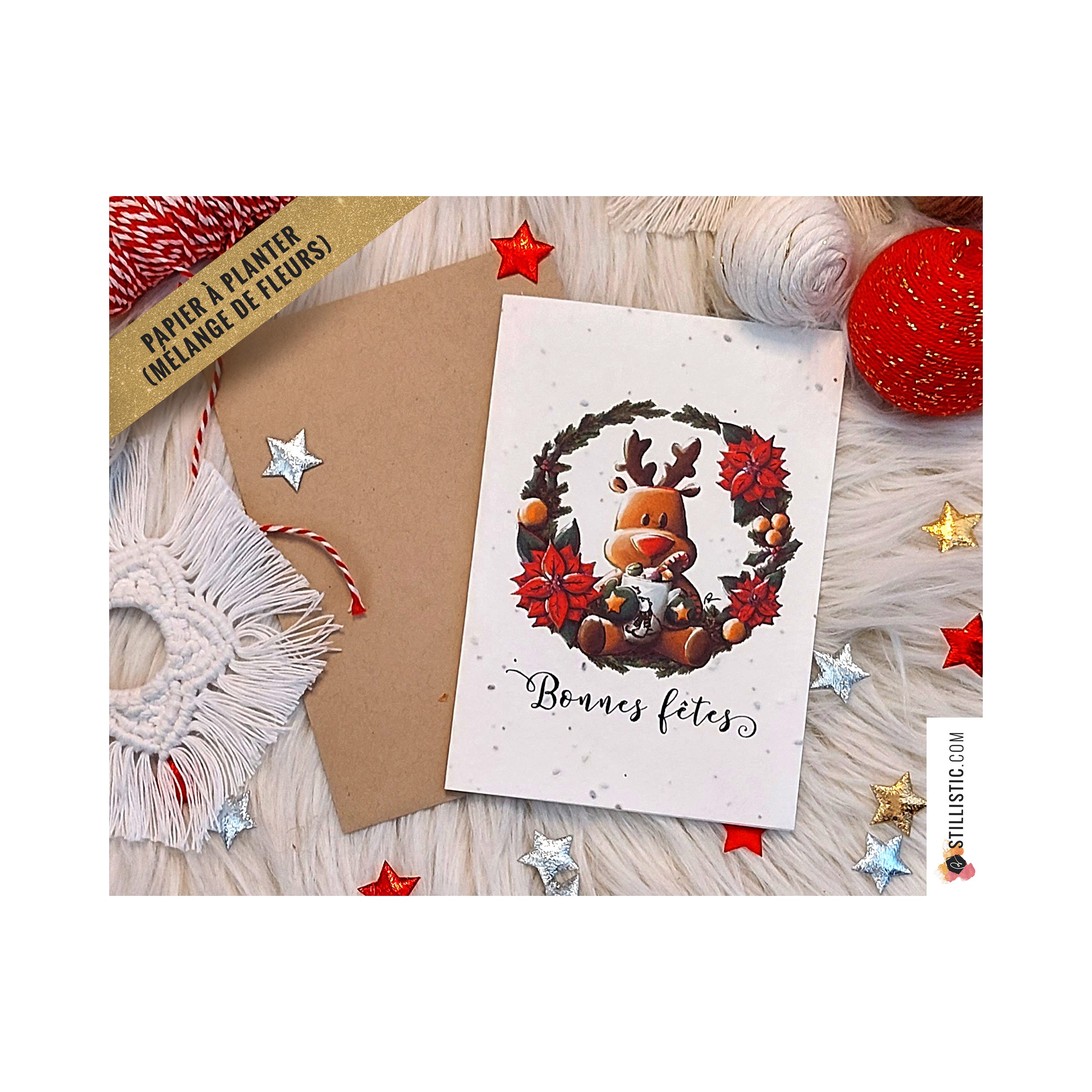 Carte de voeux Noël ensemencée Illustration Renne + enveloppe