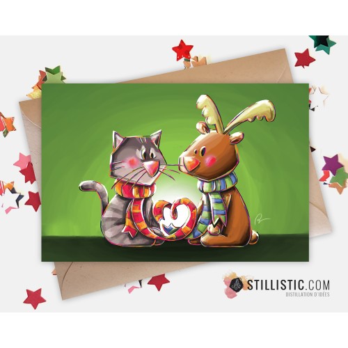 Carte de voeux Illustration Chaton et Renne amoureux