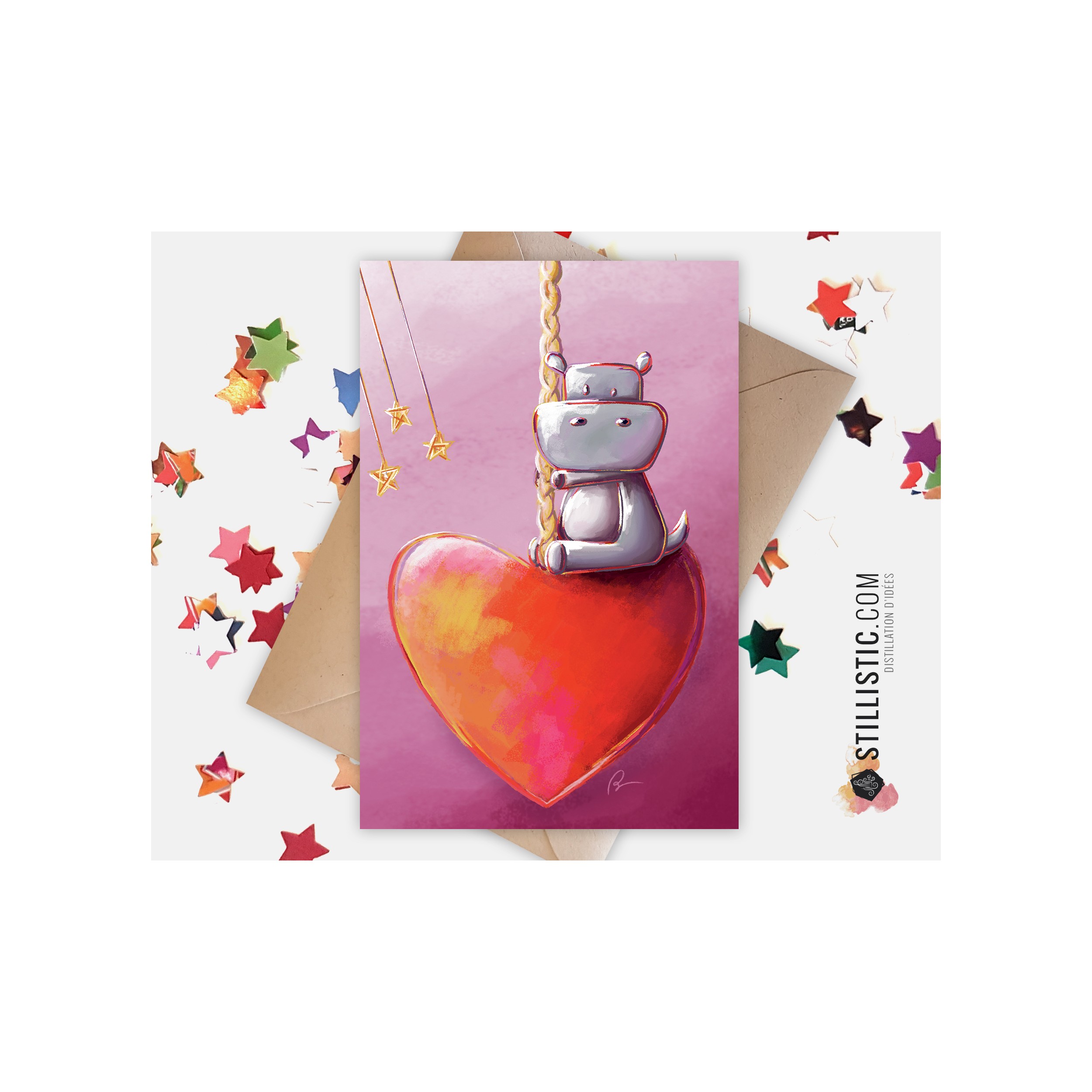 Carte de voeux Illustration Hippopotame Coeur