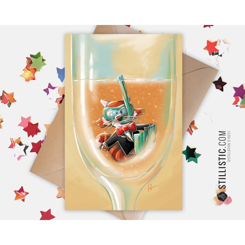 Carte de voeux Illustration Panda roux et champagne