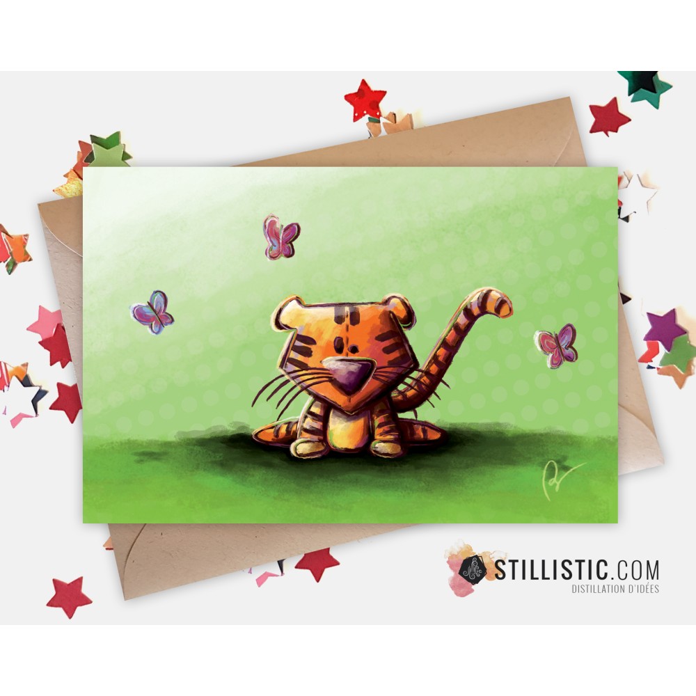 Cadre Illustration Tigre et papillons 25x25cm