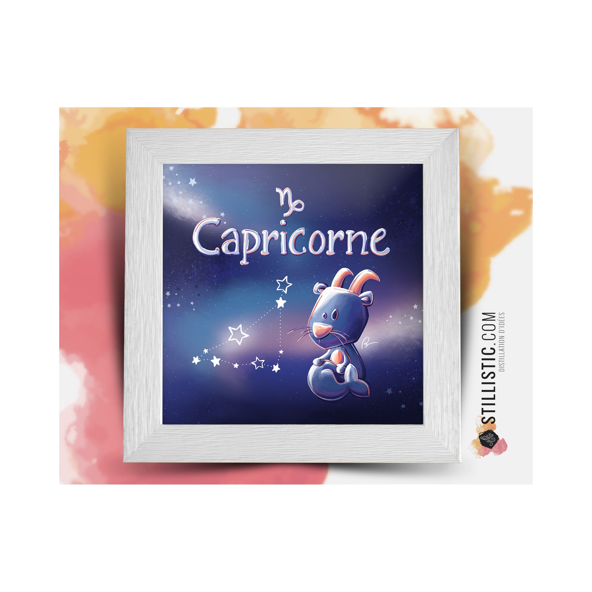 Cadre Illustration signe astrologique capricorne phosphorescent 25x25cm