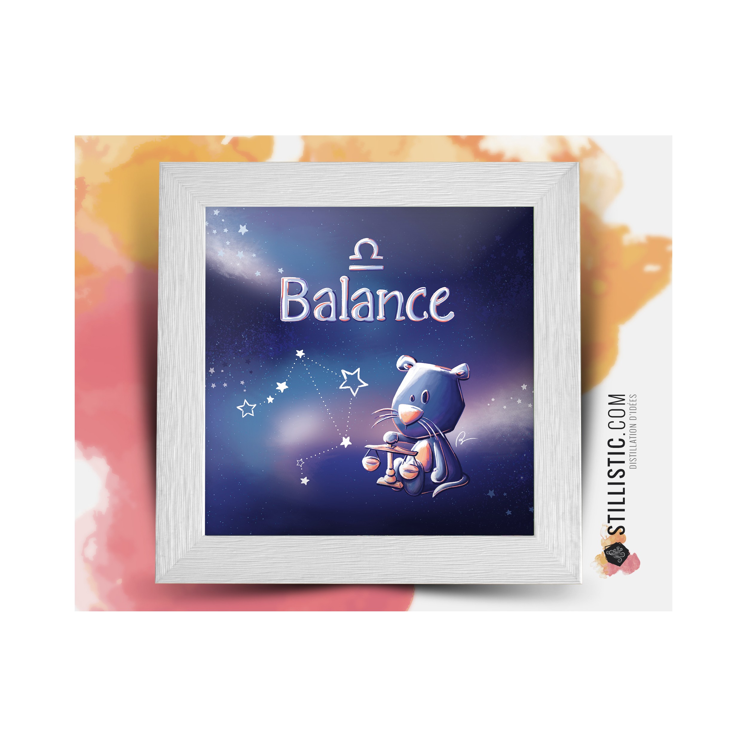 Cadre Illustration signe astrologique balance phosphorescent 25x25cm