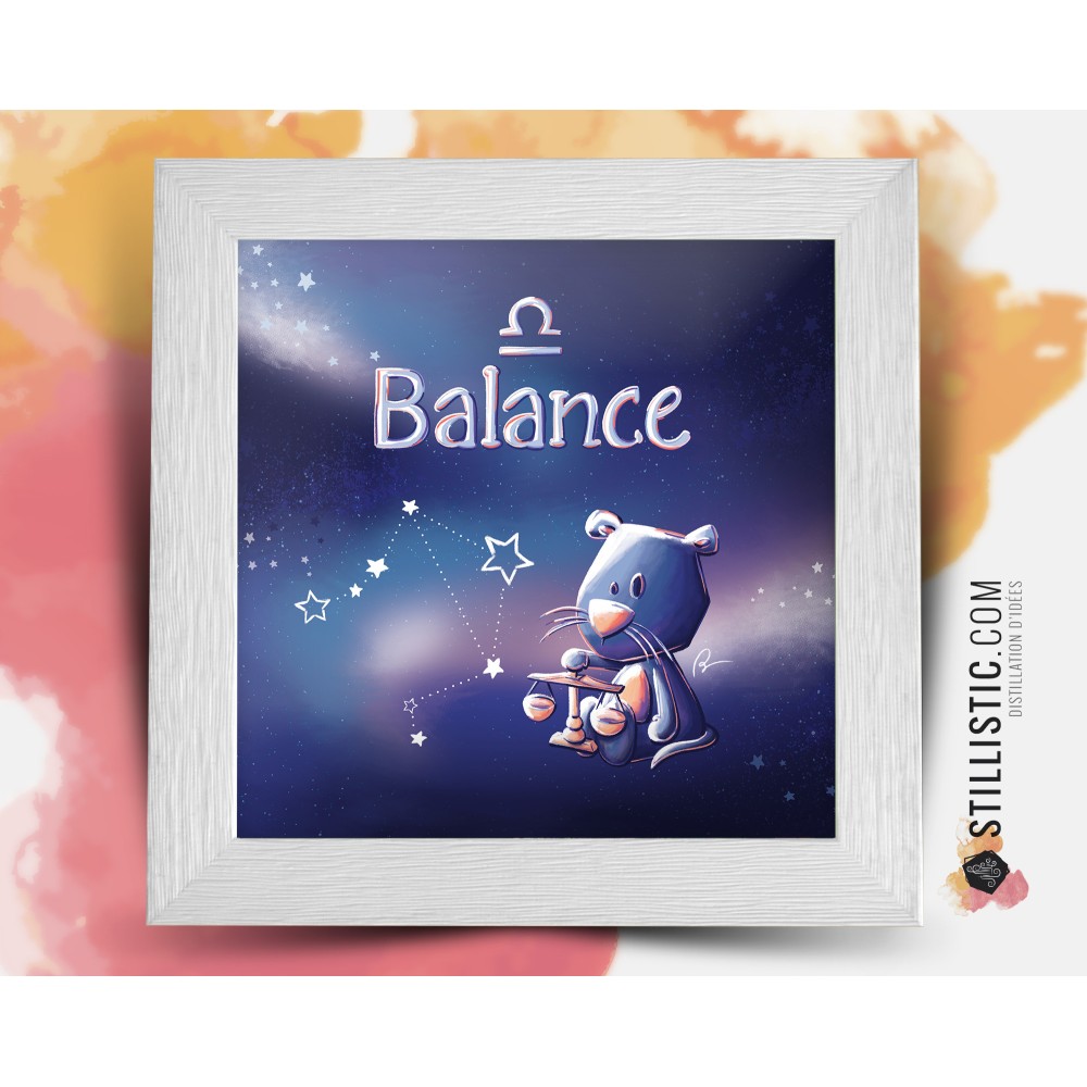 Cadre Illustration signe astrologique balance phosphorescent 25x25cm