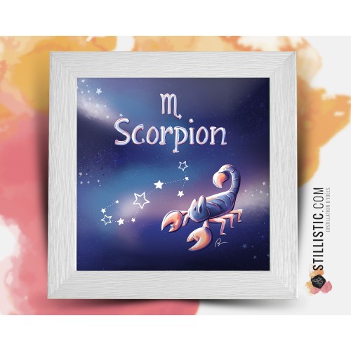 Cadre Illustration signe astrologique scorpion phosphorescent 25x25cm