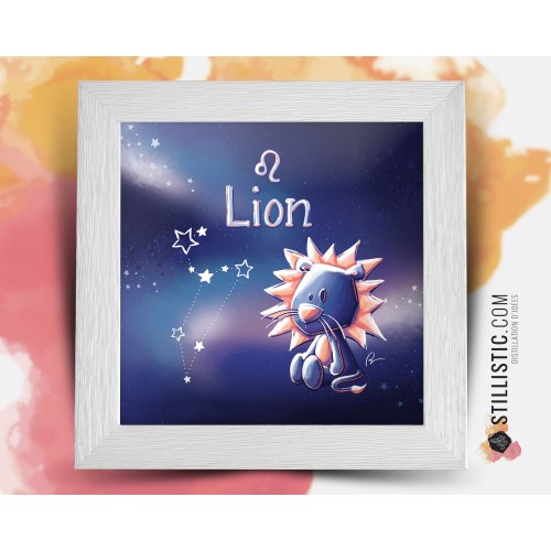 Cadre Illustration signe astrologique lion phosphorescent 25x25cm