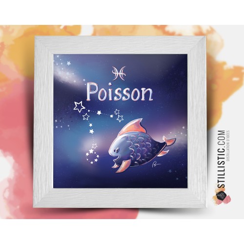 Cadre Illustration signe astrologique poisson phosphorescent 25x25cm