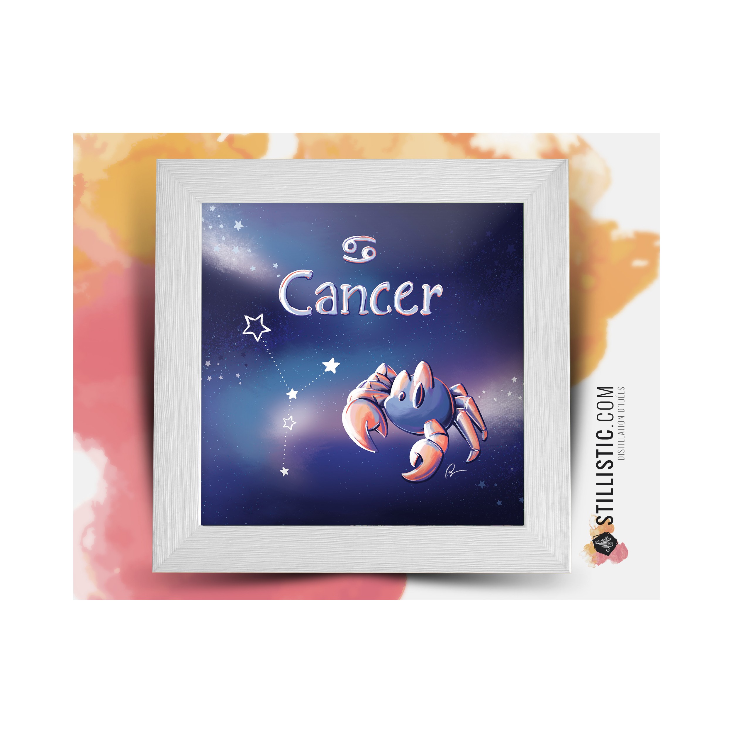 Cadre Illustration signe astrologique cancer phosphorescent 25x25cm