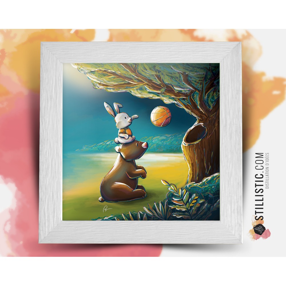 Cadre Illustration Ours et Lapin Basket 25x25cm